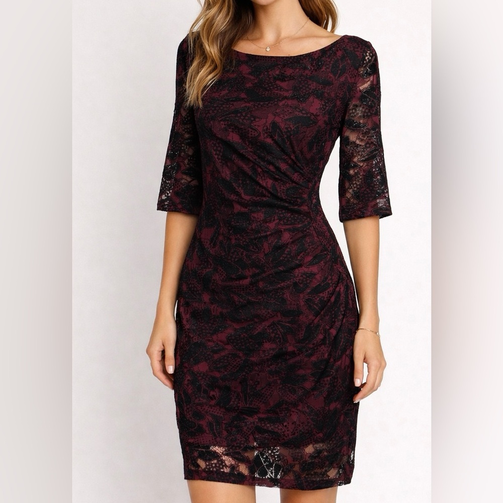 Anthropology Maeve Elegant Rueshed Black and Burgundy Lace Overlay Dress Size 2